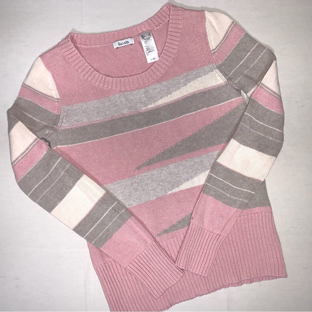 Vintage Pink Sweater Women's Liz and Co Cream And Gray Striped Knit Size Small
